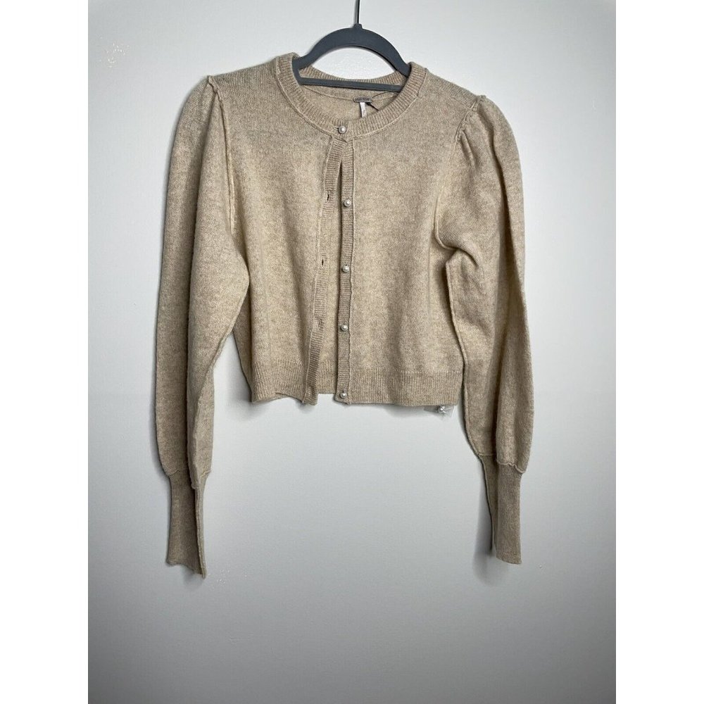 Free People Cashmere Cardi Cardigan Sweater Pearl Button Oatmeal Tan Size S NEW - Picture 3 of 6